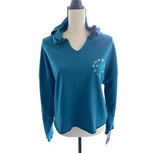 NWT Champion Blue Pullover Crop Cut Hem Flower Hooded Lightweight Large